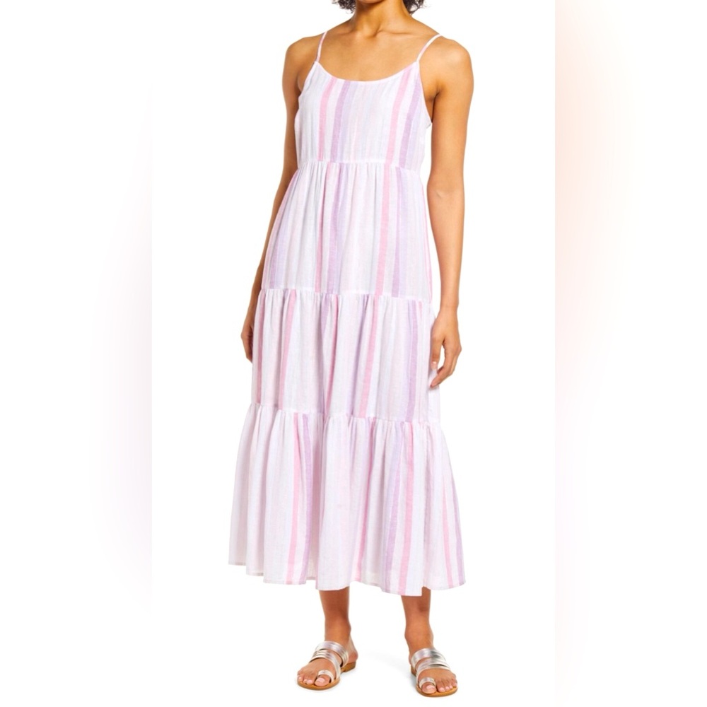 Beach Lunch Lounge Striped Pink and White Midi Dress